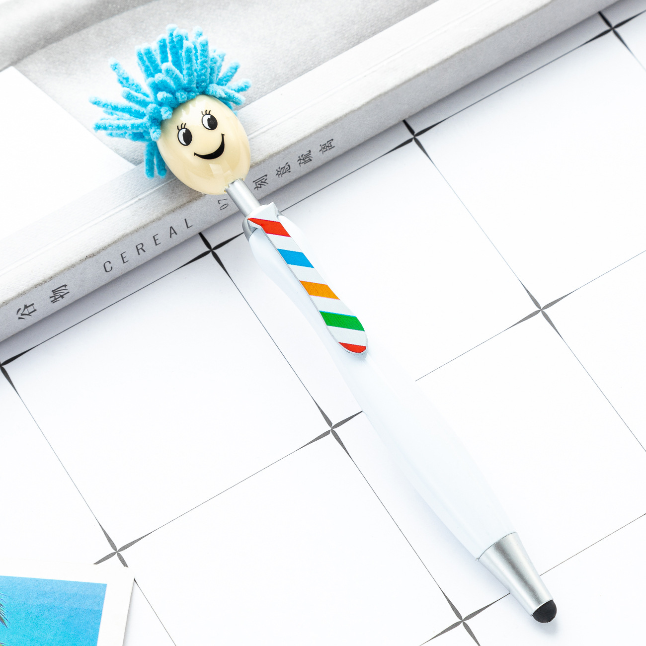 Picture of Cute plush doll head ballpoint pen printable logo three-dimensional cartoon smiley touch pen Christmas gift pen