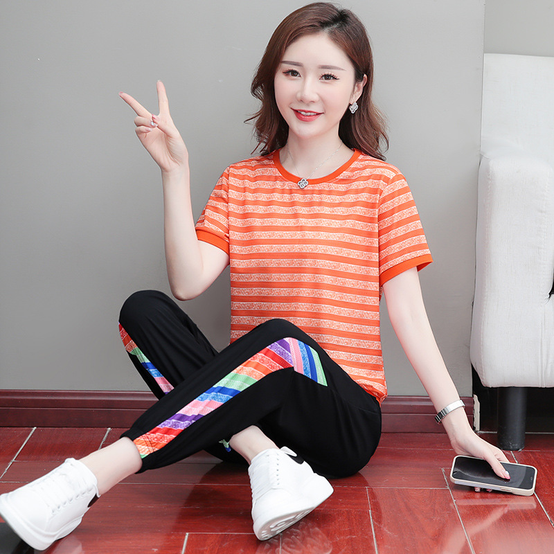 Picture of Ice Line Quick-drying Stretch Vertical Fashion Casual Sports Suit Women's Summer Thin Mesh Breathable Striped T-shirt Trendy