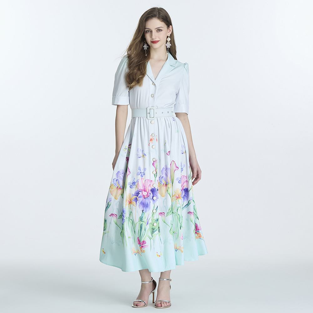 Picture of Original design -2024V-neck painted printed short sleeve waist frock flounced skirt