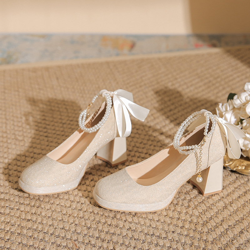 French Thick-Soled Waterproof Platform Petite Mary Jane Shoes for Women New Bridal Shoes Wedding Shoes Bridesmaid High Heels Spring and Autumn