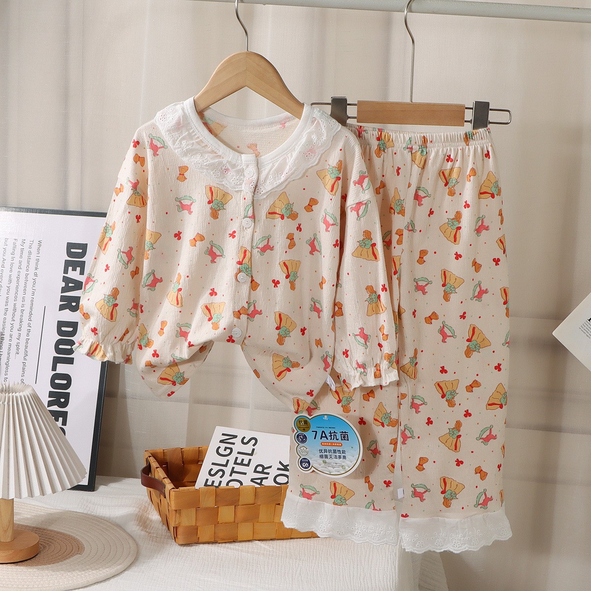 Picture of Children's Stretch Cotton Yarn suit Lace Baby Spring Cardigan Home Clothes Korean Style Cute Air-conditioning Clothes Pajamas