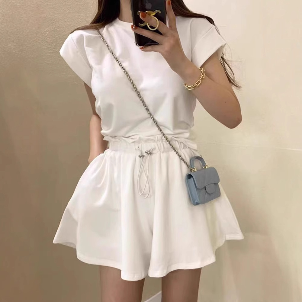 South Korea Chic Summer Niche Elegant Rear Split Strap Short-sleeved T-shirt Top Drawstring Wide-leg Shorts Two-piece Set