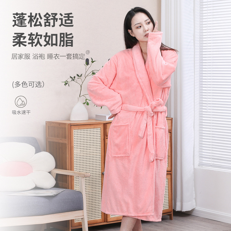Coral Velvet Couple Bathrobe for Men and Women, Wearable Lace-Up Long-Sleeved Pajamas, Thickeneded Water-Absorbent, Quick-Drying Bathing Home Clothes