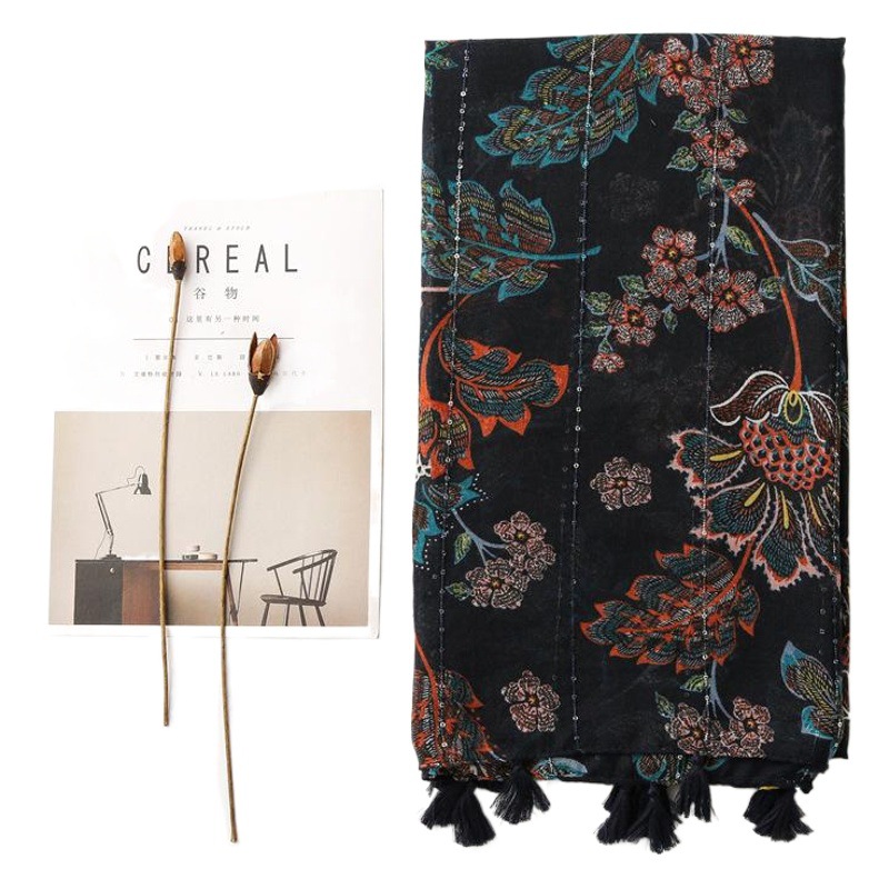Foreign Trade Single Export South Korea Tail Single Spring and Summer Women's Cotton and Linen Scarf Navy Blue Sequin Flowers Ethnic Style Artistic Mori Girl