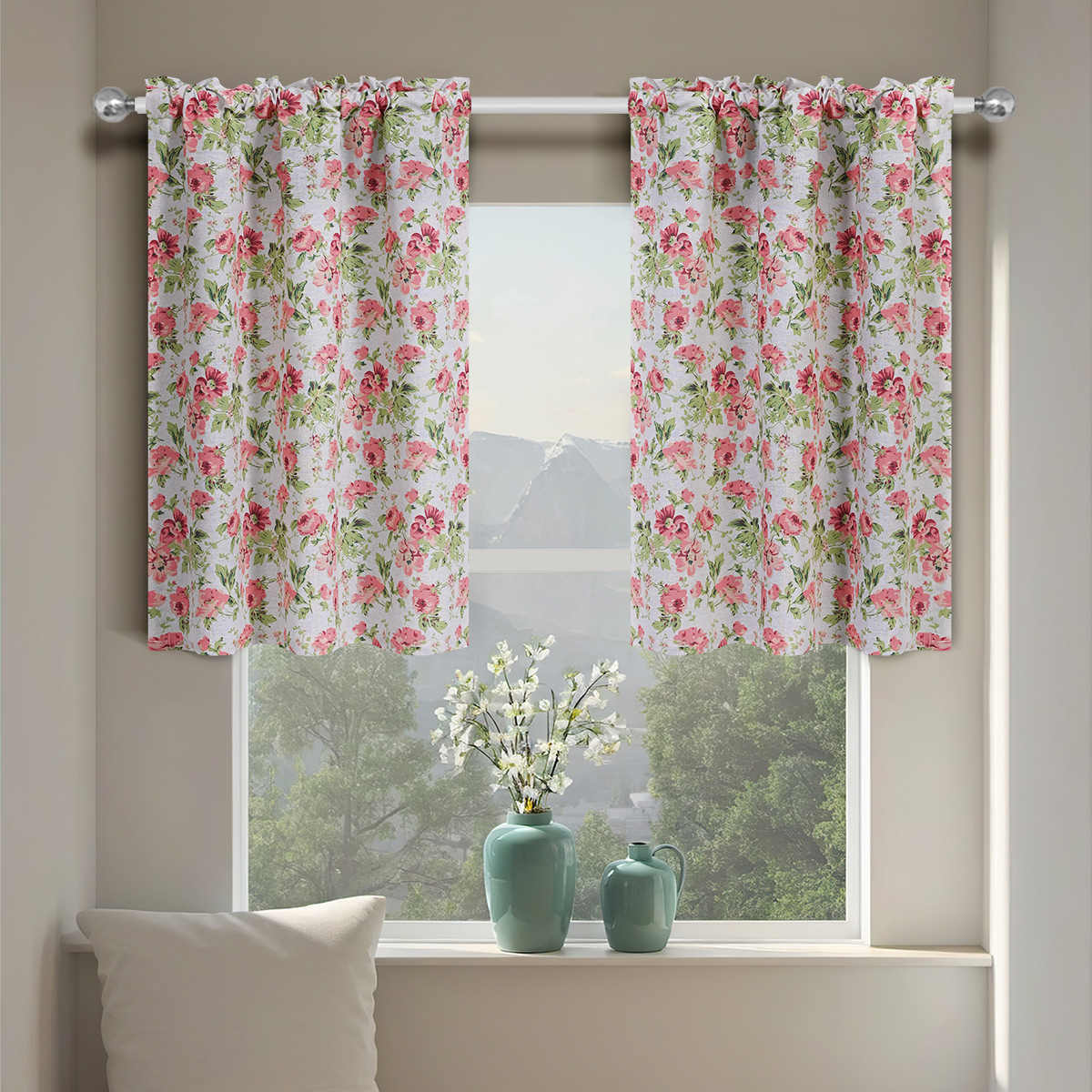 TEMU in stock Curtain Substitute Cross-border Printed Wear Rod Pressure Line Short Curtain Blackout Curtain Kitchen Sunscreen Partition Curtain