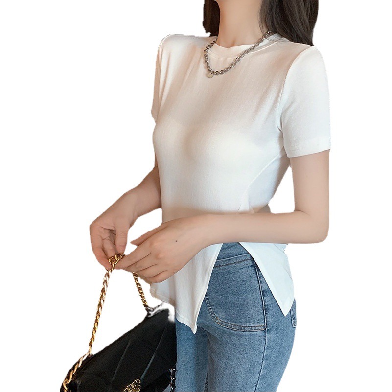 2023 Summer New Online Popular Ins Super Popular Slim-fit All-match Side Slit Black Short-sleeved T-shirt Women's Chic Top Trendy