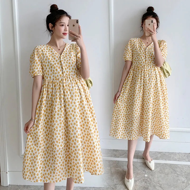 Picture of Maternity Summer Loose Slimming Mid-length dress Fashionable Elegant V-neck Floral Outgoing Summer Breastfeeding Clothes