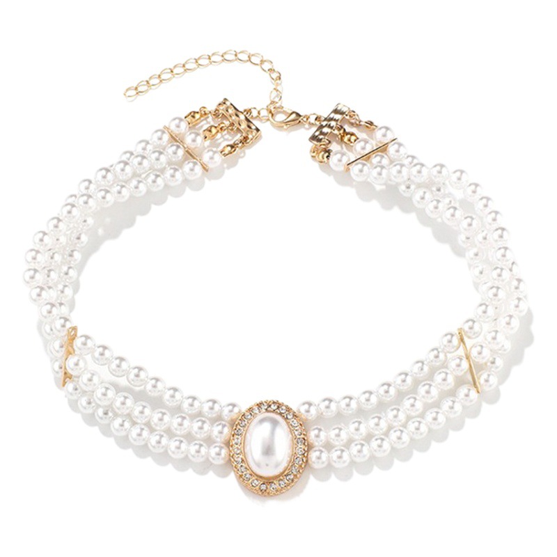 South Korea Temperament Multi-layer Pearl Diamond Necklace Collarbone Chain Design Sense Cyber Celebrity Rhinestone Short Necklace Collar
