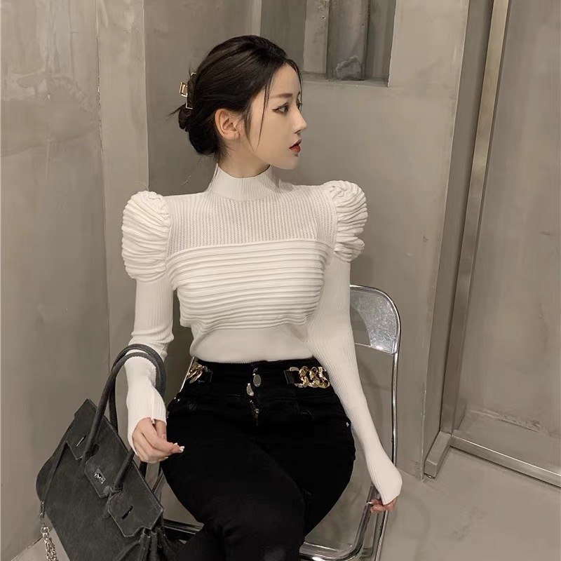 Women's half turtleneck puff sleeve knitted bottoming shirt autumn and winter niche design high-grade elastic slimming sweater top fashion