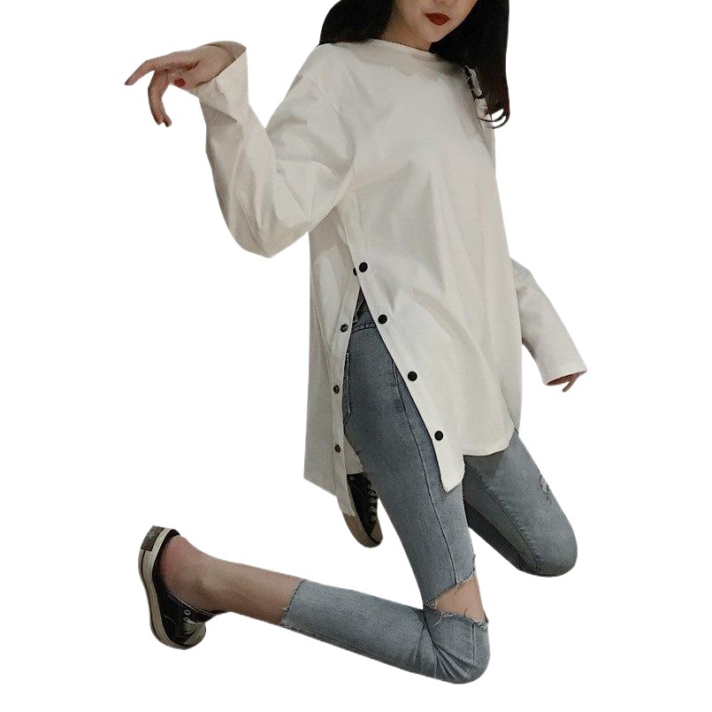 Mid-Length Large Size Pure Color Long-Sleeved T-Shirt for Women Autumn Loose Slit Bottoming Shirt Autumn and Winter Korean Women's Clothing Supply Wholesale