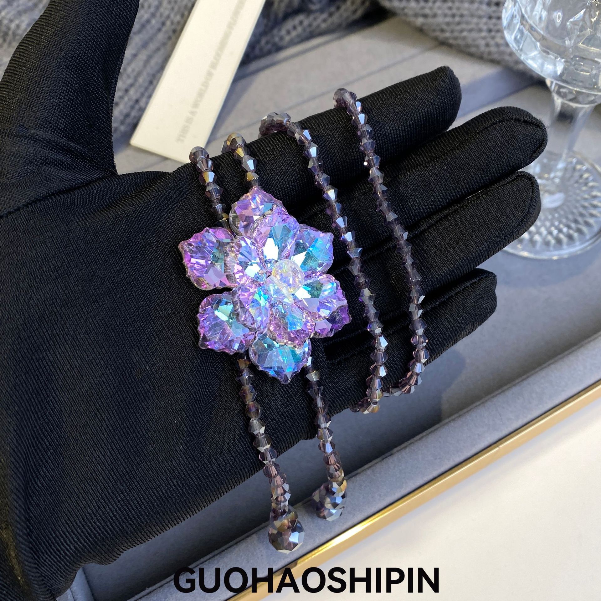 Luxurious Purple Long Floral Necklace for Women, Sweater Chain Clothing Accessory Pendant Crystal Sweater Chain