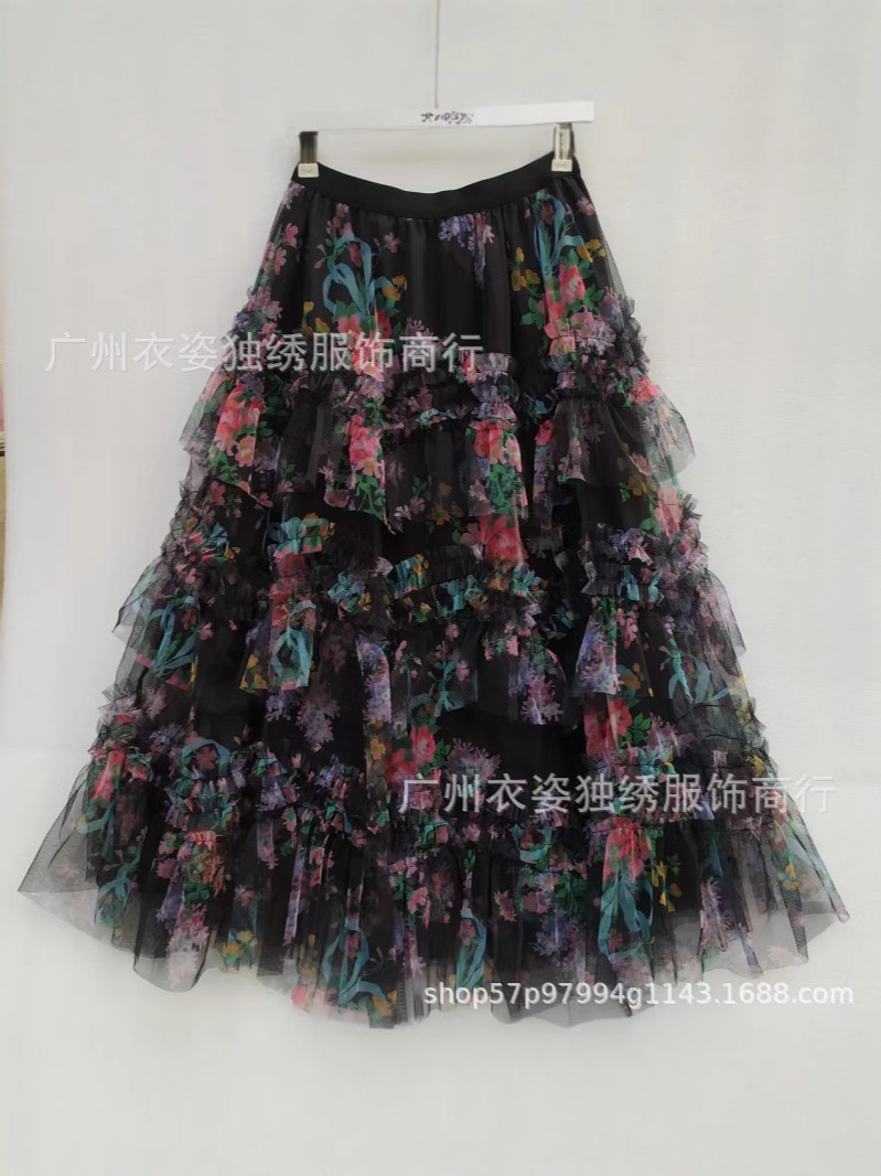 2025 European and American New Summer Skirt Amazon Printed Asymmetrical Casual Vacation Large Hem Mesh Cake Skirt