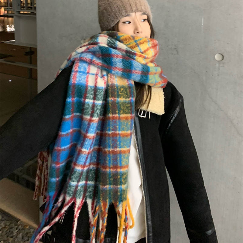 Picture of Korean Autumn and Winter Rainbow Plaid Cashmere Scarf Female Student Couple Mohair Warm Neck Long Shawl