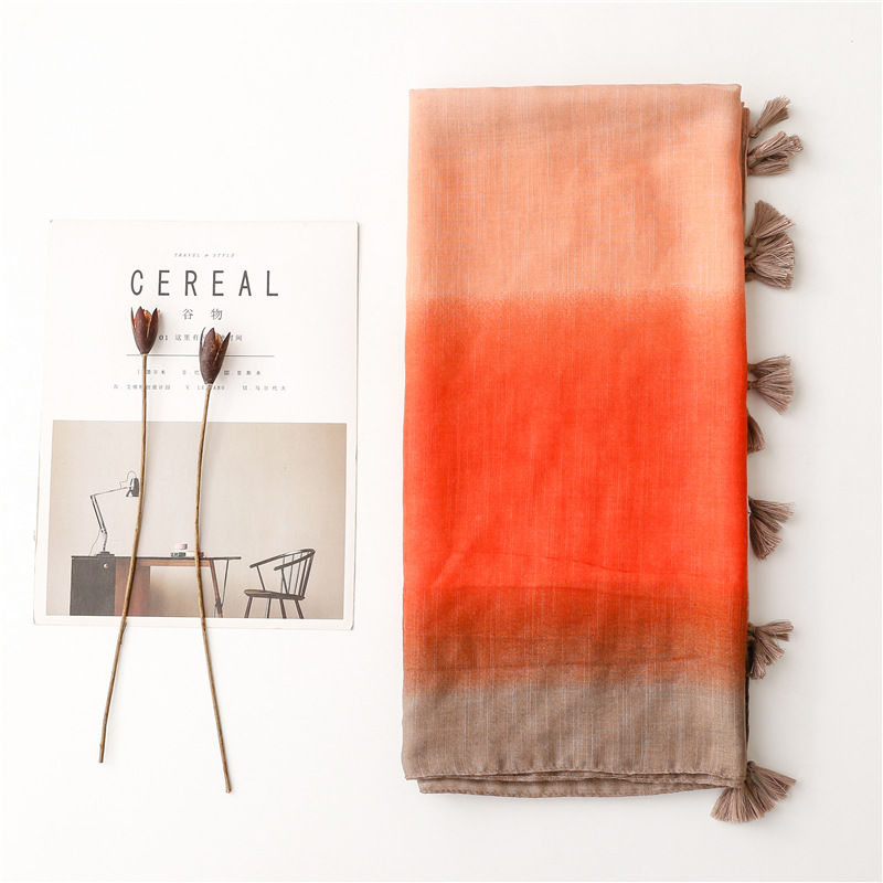 Picture of Japanese and Korean Style Sweet Lady Style Orange Gradient Cotton and Linen Scarf Silk Scarf Slub Yarn Tassel Travel Shawl Thin