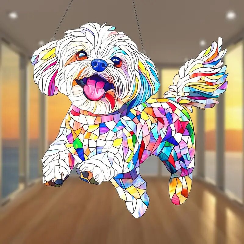Cross-Border 2D Flat Print Acrylic Maltese Dog Sun Catcher - Stained Glass Window Hanging Decoration