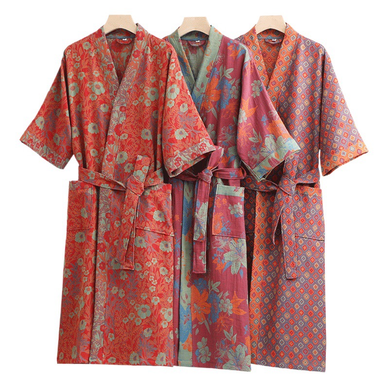 Pure Cotton Double Gauze Bathrobe Class A Thin Pajamas for Spring and Summer Home Clothes Nightgown Couple's Water Absorbent Quick-drying Bathrobe