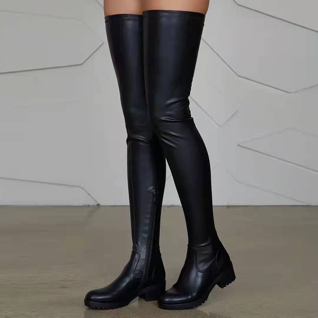Spring and Autumn in stock Foreign Trade plus size Knee Boots Women's Elastic Leather Boots European and American Style High-heeled Long-heeled Women's Boots Thick-heeled European and American