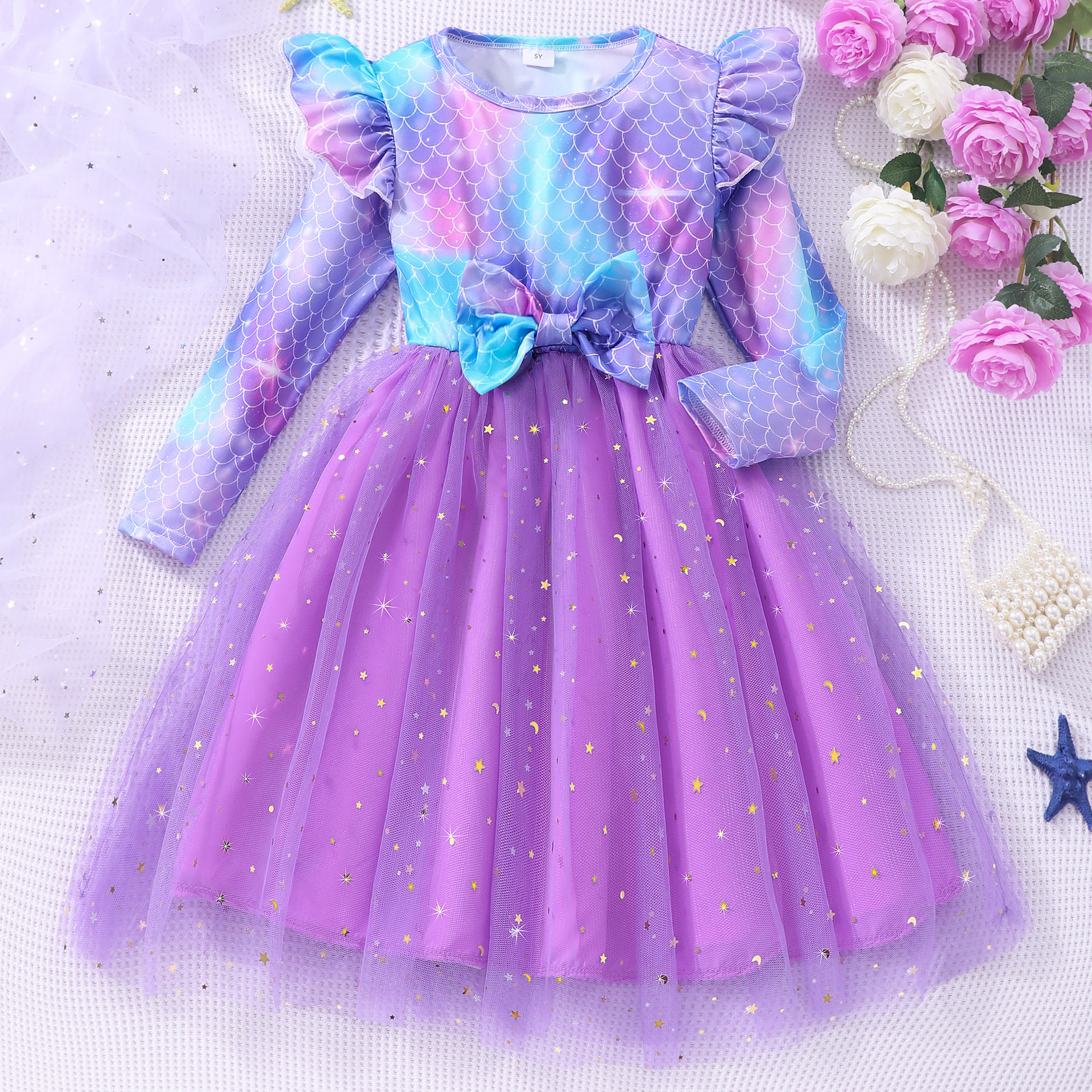 Children's Long-Sleeved Round Neck Fish Scale Mesh Dress Christmas Green