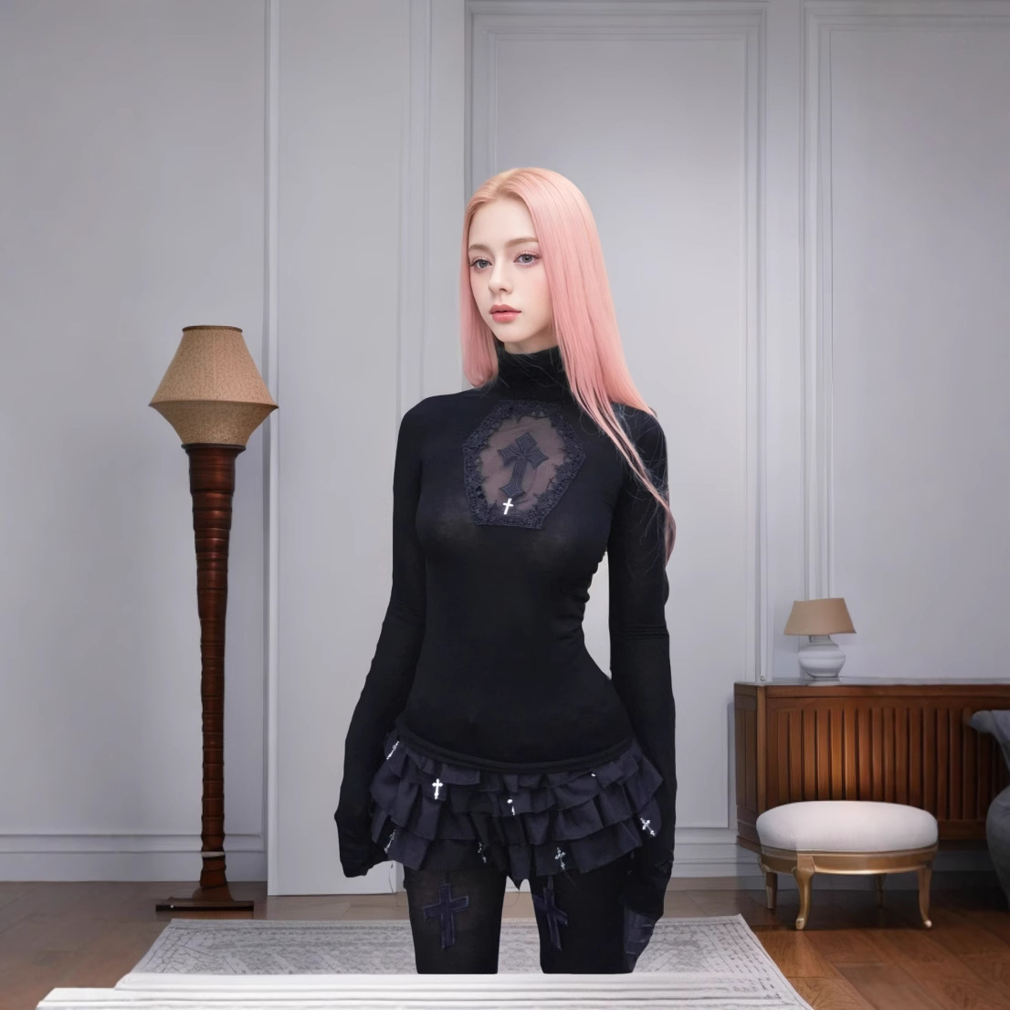 Cross-border 2024 New Dark Cross Hollow-out Design Long-sleeved Base Shirt with High Collar and Fashionable Top