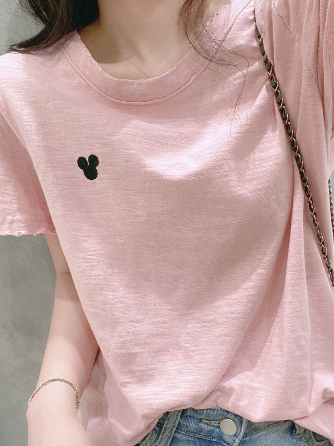 Crewneck Embroidered Slub Cotton Pink Short-sleeved T-shirt Women's 2024 Summer Loose Slimming Shoulder Basic Top