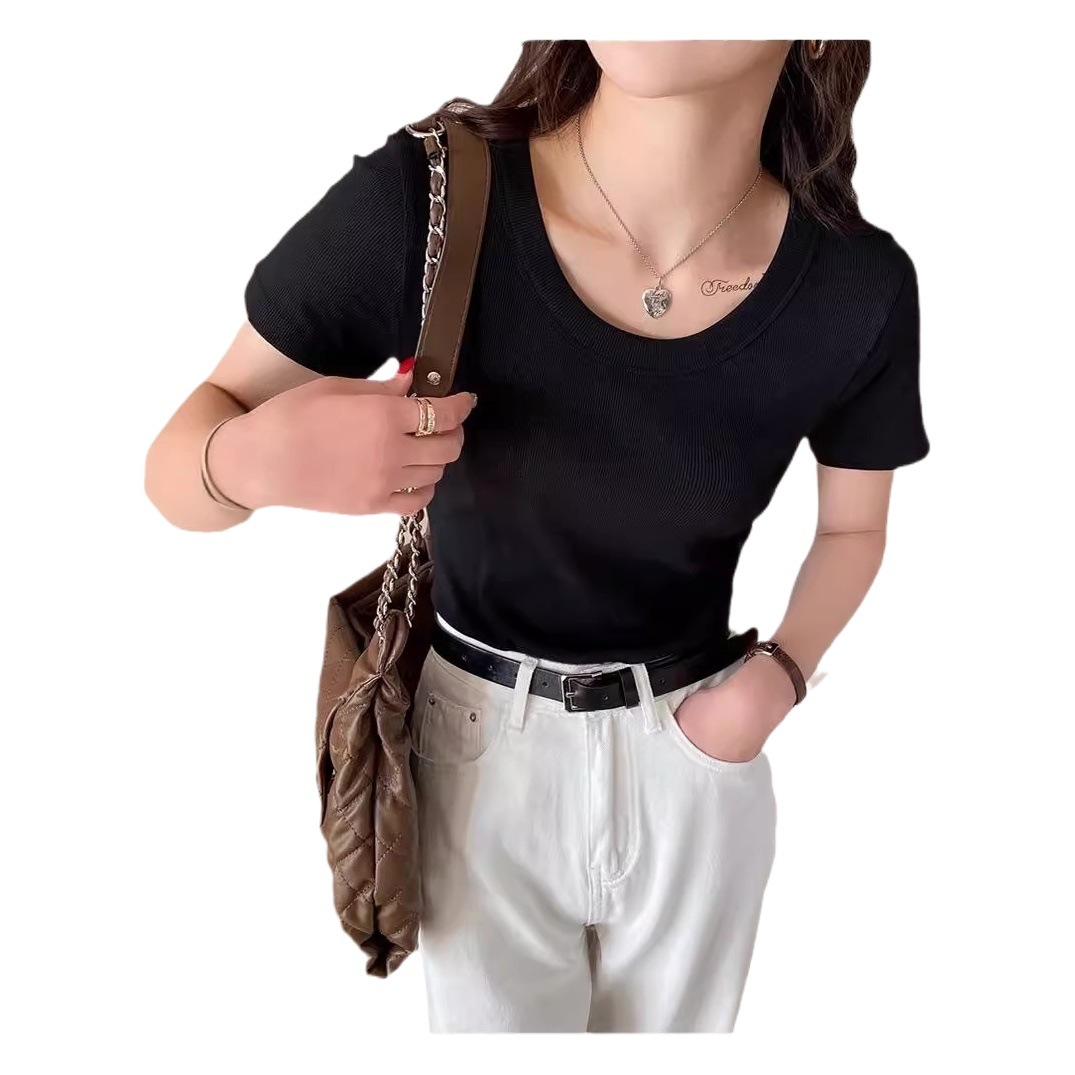 Basic White T-shirt Women's Short-sleeved 2024 Summer New Round Neck Slim-fit Simple Cotton T-shirt Shoulder Top