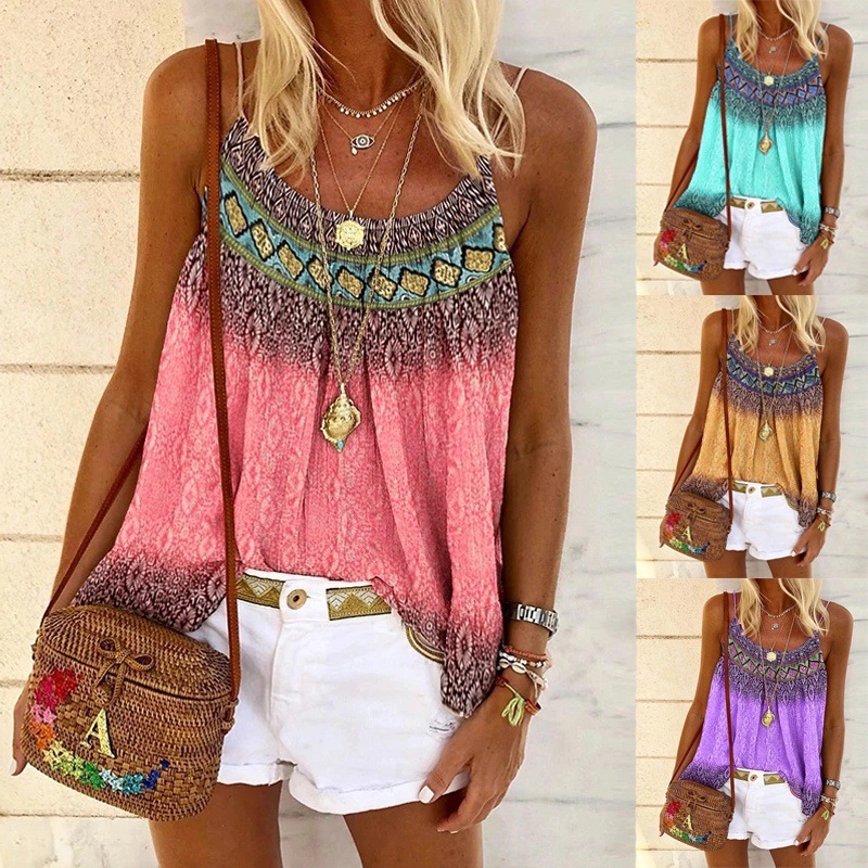 Fashionable Women's Summer Casual Vest Loose Beach Shirt Sleeveless Printed Cotton T-Shirt in Stock 50% off Clearance