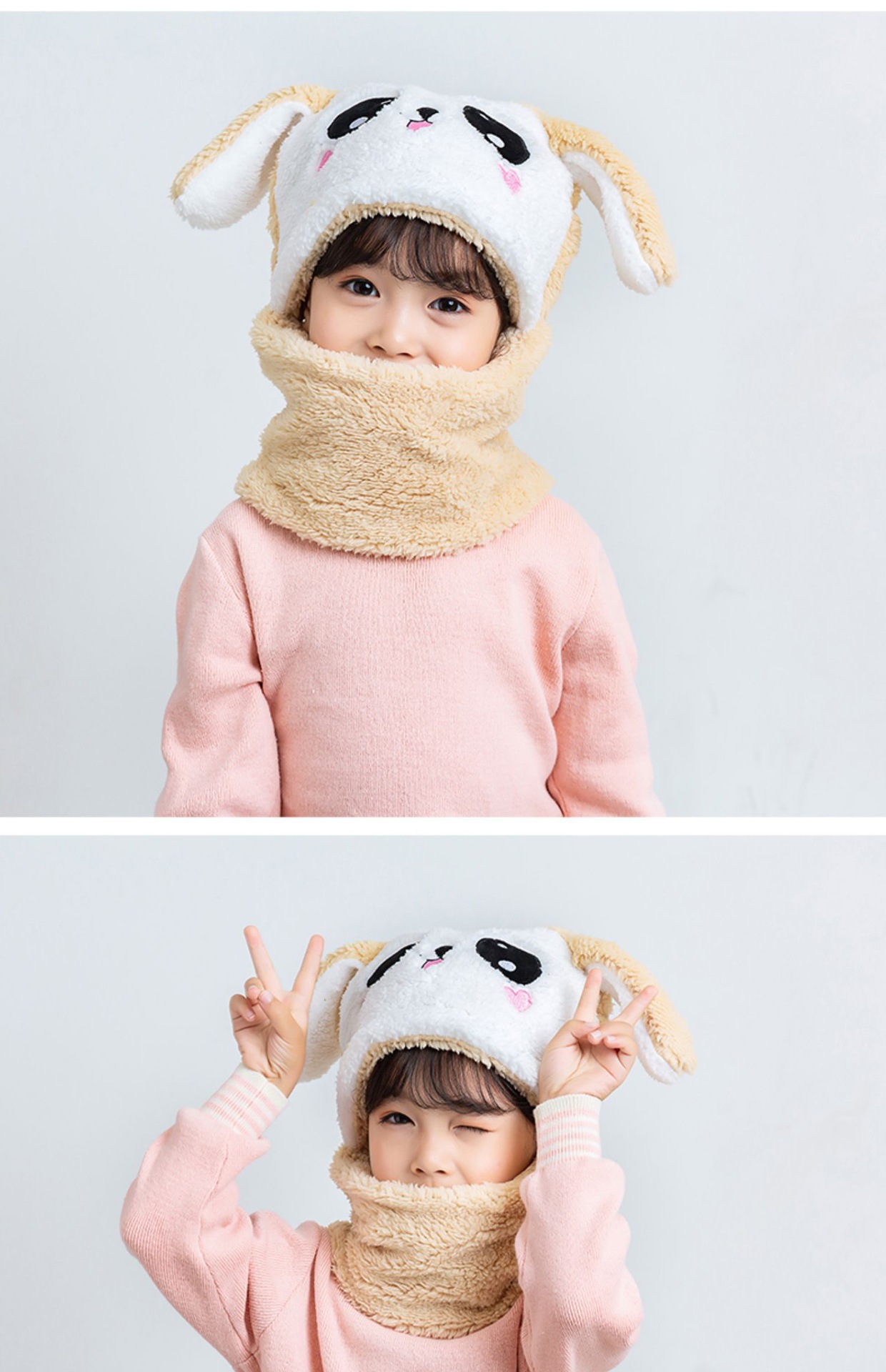 Picture of Children's hat wholesale autumn and winter boys and girls ear protection cap scarf one cute baby cap plus Velvet Ear cotton cap