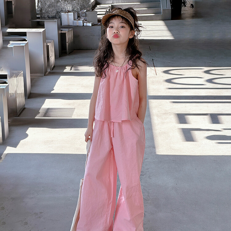 Picture of Girls Summer suit Children's Wear New Sling Top Wide Leg Straight Pants Korean Style suit Big Children Thin Two-piece Set