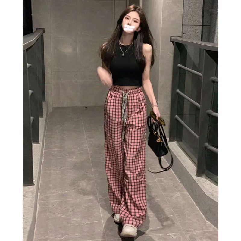Pink high waist drawstring wide leg plaid pants women's spring and summer draping loose slimming mopping casual high street pants trousers