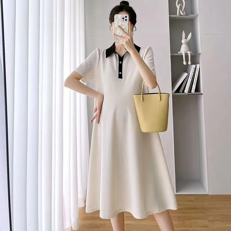 Picture of Maternity Dress for Spring and Summer, Trendy Internet Celebrity Style, Fashionable Long Dress for Pregnant Mothers, Stylish Polo Collar T-Shirt Dress