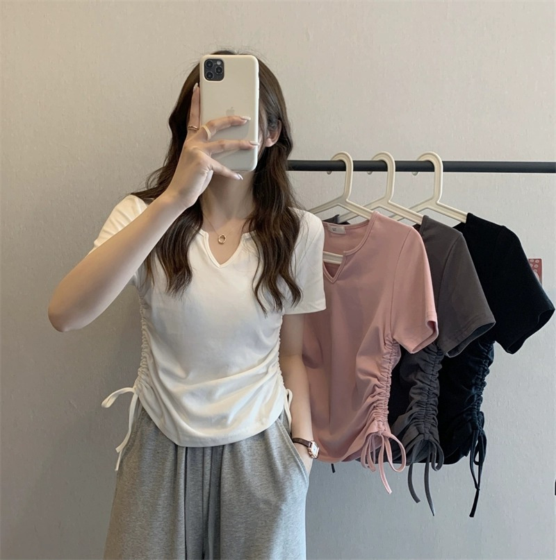 White V-neck Shoulder Short-sleeved T-shirt Women's Summer New Design Sense Tight Waist Slimming Drawstring Short Top Clothes