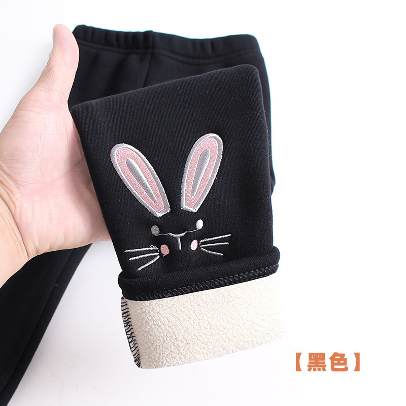 Picture of Winter Girls' Fleece-Lined Pure Cotton Children's Autumn and Winter Pants with Cartoon Bunny Embroidery, Thickened and Warm Baby Trousers