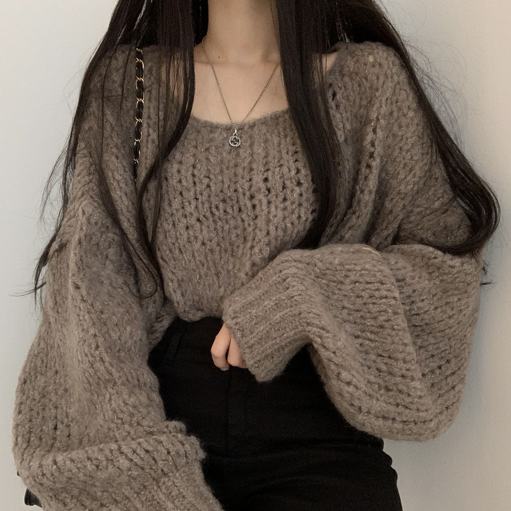 Picture of South Korea Chic Autumn All-match Candy Color Skin-looking Pullover Loose Thick Line Lantern Sleeve Knitted Sweater for Women