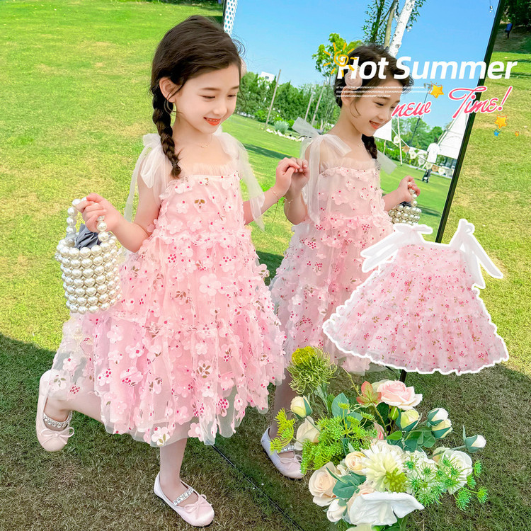 Girls' dress Summer 2025 New Western Style Girls' Five-leaf Peach Blossom Skirt Sweet Flower Sling Mesh dress