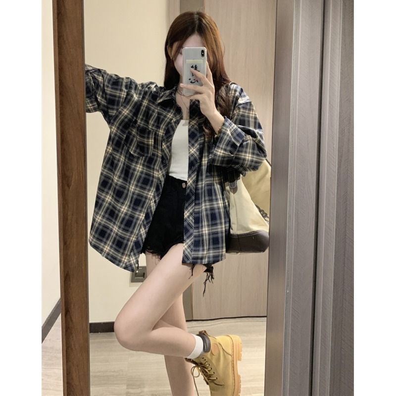 Picture of Retro Hong Kong style plaid shirt stacked coat for women 2023 autumn and winter long sleeve casual draping shirt design top