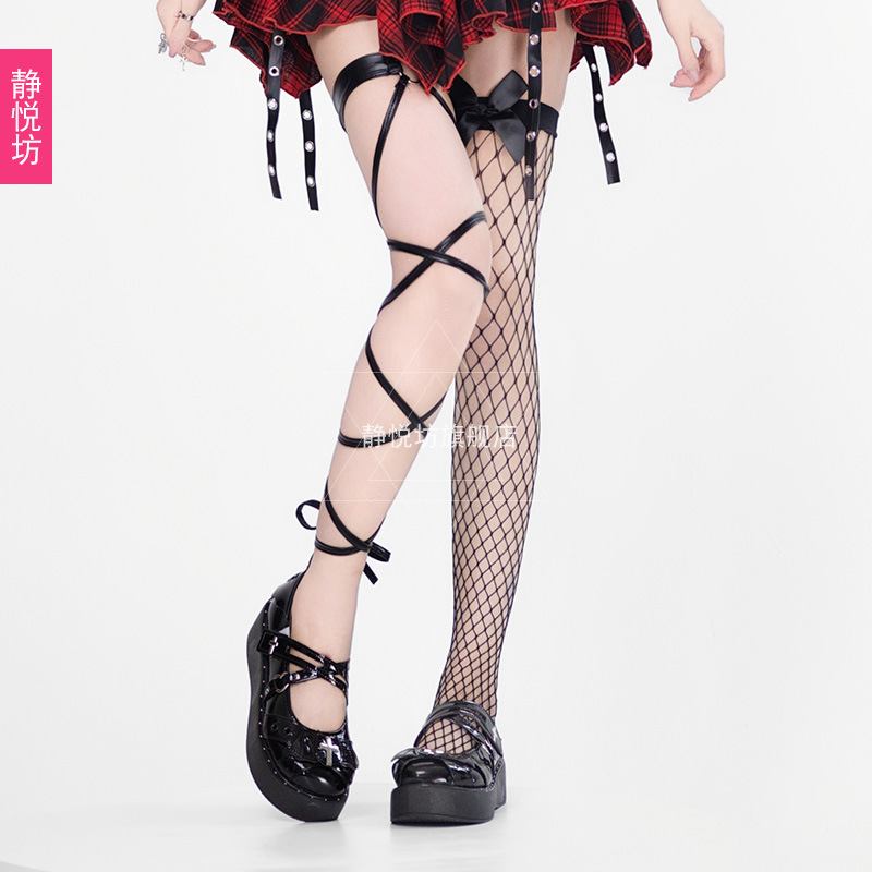 European and American Dark Gothic Subculture Lace Y2K Punk Leather Socks Strap Sexy Bow Net Stockings Thigh Socks