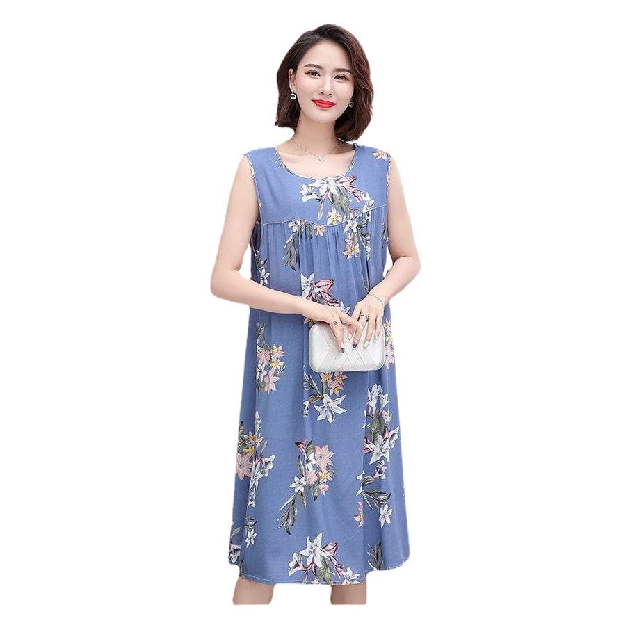Summer Middle-aged and Elderly People's Cotton Silk Nightdress Pajamas Women's Cotton Silk Dress Summer Adult Large Size Mother's Home Clothes