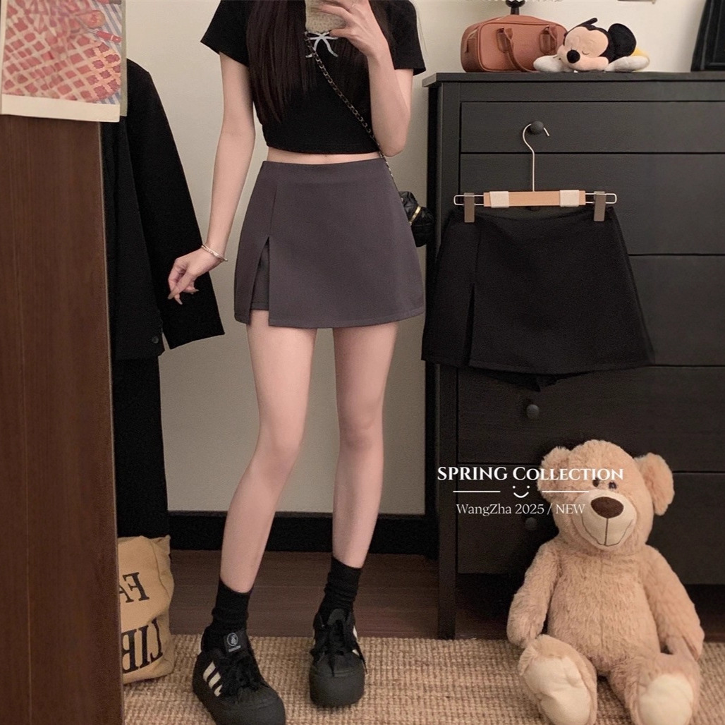 Vintage-Style Dark Gray Slit Suit Skirt for Women, High-Waisted A-Line Anti-Exposure Bodycon Short Skirt for Summer