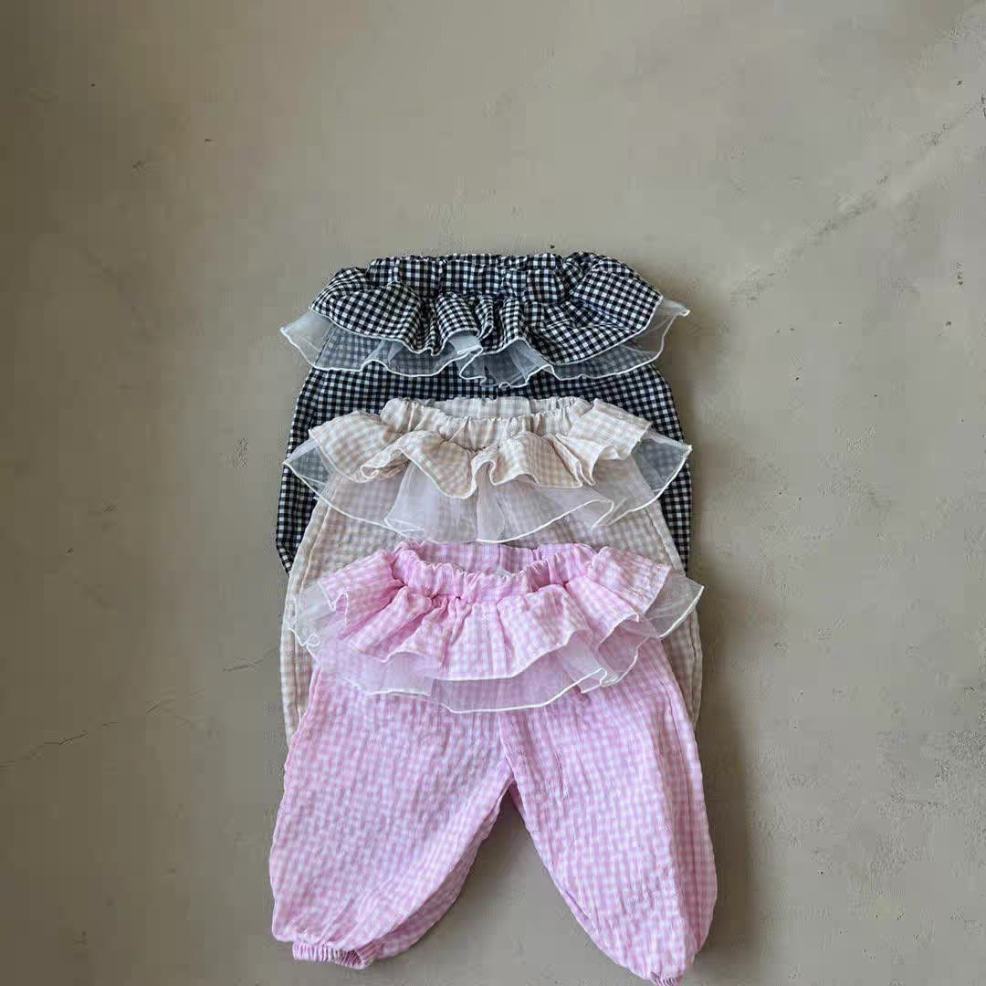 Korean Style Children's Clothing 25 Spring Girls Infants and Children Sweet Lace Plaid Mesh Leggings Culottes