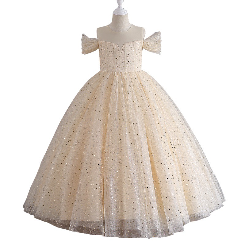 Cross-border Girls' High-end Dress Shoulder-exposed Dress Children's Puffy Yarn Princess Dress catwalk Piano Performance Evening Dress
