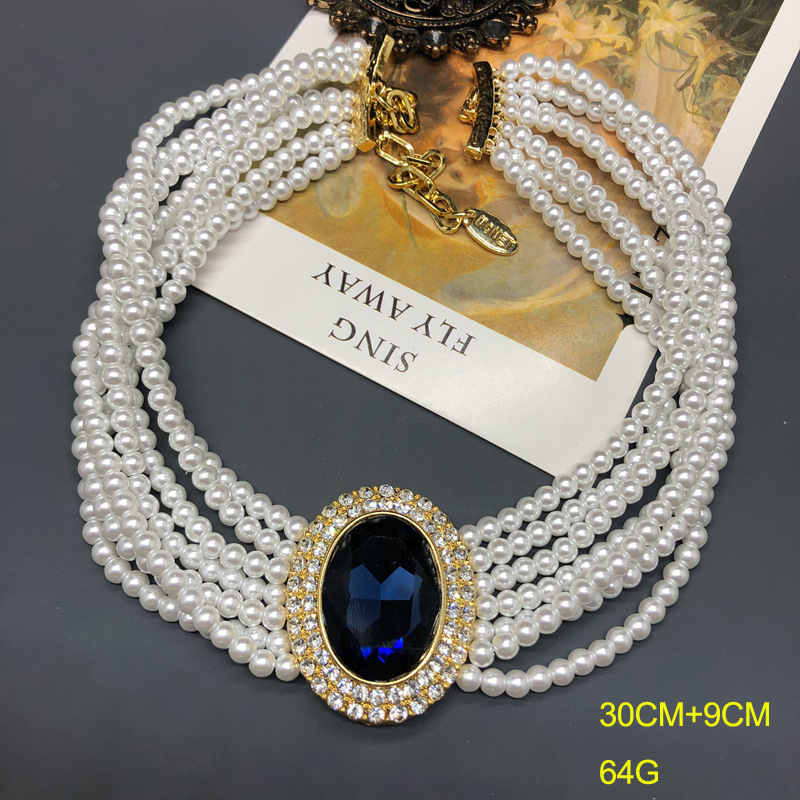 Picture of Classic Hepburn Style Multi-Layer Glazed Pearl Neck Chain Sapphire Gold Plated Clavicle Chain Silver Needle Ear Stud Ear Clip suit