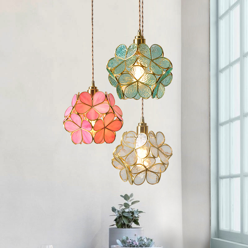 Japanese Style Creative Chandelier Brass Handmade Glass Petal Chandelier Girl's Heart Warm Bedroom Bedside Children's Room Lamps