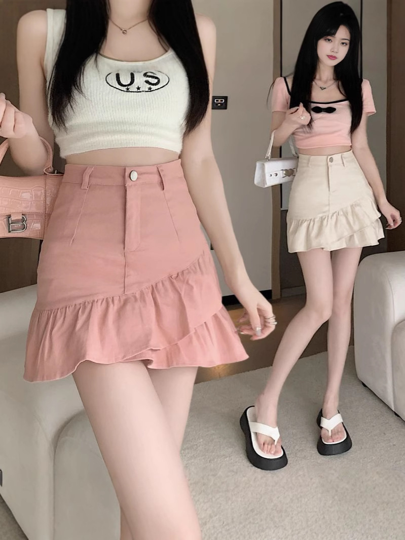 Irregular fishtail skirt Denim skirt women's spring and summer 2025 slim ruffled hip high waist A- shaped short skirt pants