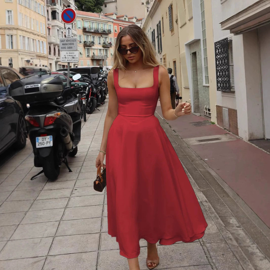Picture of Foreign Trade Amazon 2025 Summer New European and American Women's Elegant Square Collar Sleeveless Waist Sling dress Women