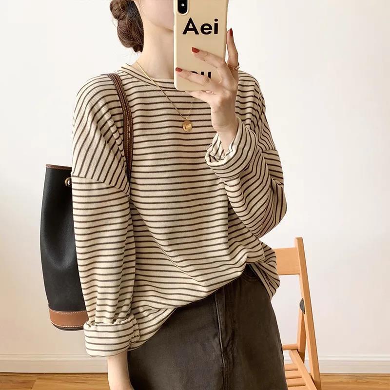 Original Striped Knit Shirt Women's Spring and Autumn 2024 New Loose Women's Base Shirt Inner Long Sleeve Top T-Shirt Ins