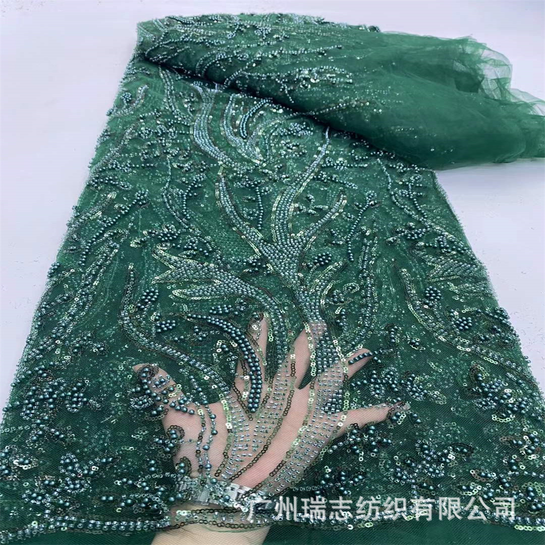 Foreign Trade Spot Dark Green Water Grass Bead Tube Sequins Plus Beads Lace Fabric African Banquet Haute Couture Dress Fabric