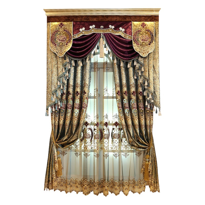 Factory wholesale gold skin hollow luxury high-end European living room floor curtain window curtain Villa embroidery finished cross-border