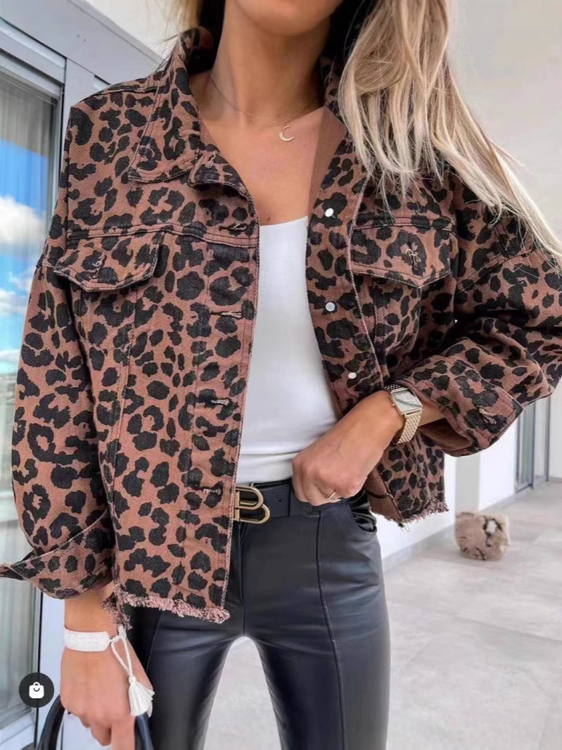 2025 Amazon Europe and the United States cross-border new spring and autumn Denim coat leopard print long sleeve short loose casual coat