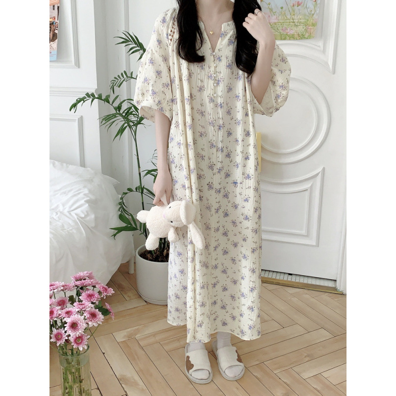 Actual Shot of 2025 Summer Korean Style Ins Floral Cotton Nightgown Double-Layer Gauze Lace Short-Sleeved Home Wear Women's Nightgown