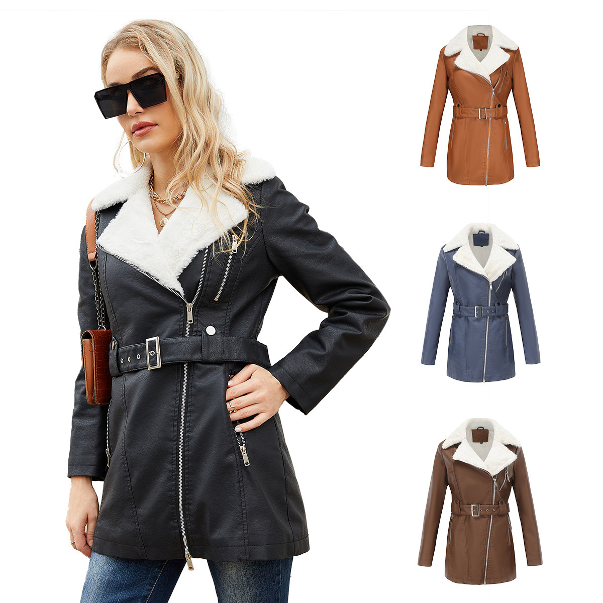 Cross-border Autumn and Winter New Long-sleeved fleece-lined Leather Women's Lapel Double-head Zipper with Belt Warm Jacket